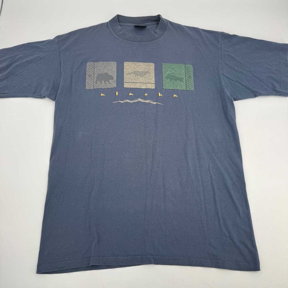 Prairie Mtn Alaska‎ Graphic Shirt Blue Bear Moose Wolf Vintage XL Single Stitch